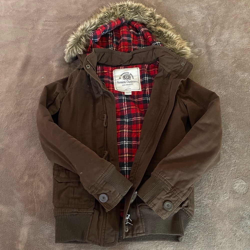 Zenana Outfitters Brown Puffer Jacket with Red Plaid Lining Removable Fur Hood